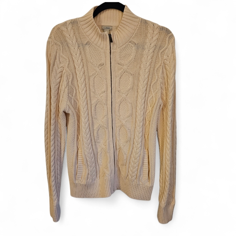 L.L. Bean Cable Knit Fisherman Sweater Cardigan Full Zip 100% Organic Cotton, M